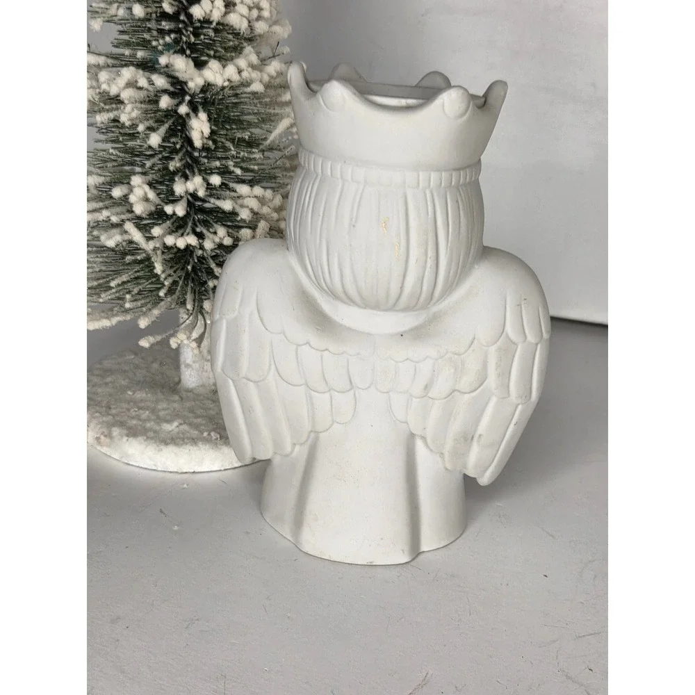 Vintage White Bisque Ceramic Angel Figurine Crown Candle Holder 6 Inch